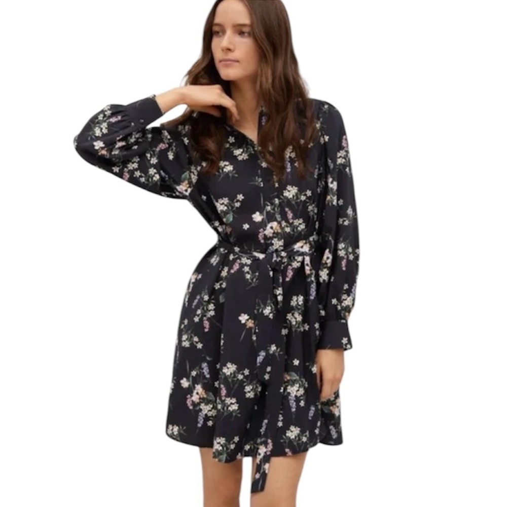 Mango MNG Floral Shirt Dress Belted Long Sleeve Black Size S Small